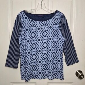 Fresh Produce Women's L Top 3/4 Sleeve Blue Diamond Stripe Casual Shirt